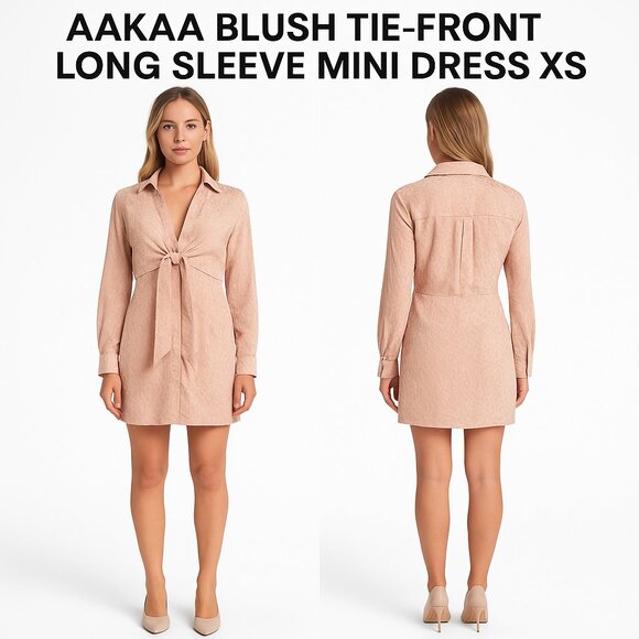 AAKAA BLUSH TIE-FRONT LONG SLEEVE MINI DRESS XS - Picture 1 of 12